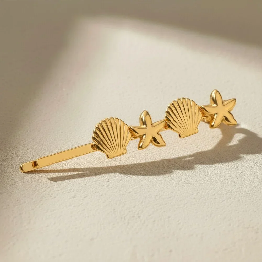 18K Gold Plated Stainless Steel Shell Starfish Barrette Coastal Beach Bobby Pin